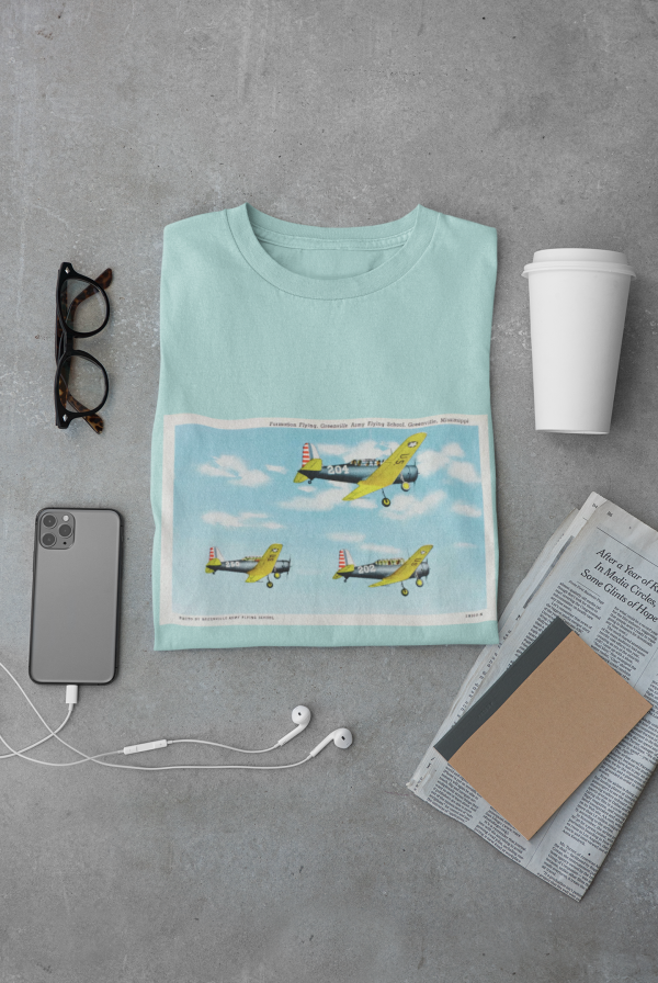 Greenville MS (Formation Flying) Vintage Airplane Post Card Graphic Tee, Unisex Garment-Dyed T-shirt, Sky Lover Gift, Aviation Enthusiast Shirt, Retro Airplane Apparel, Casual - Image 3